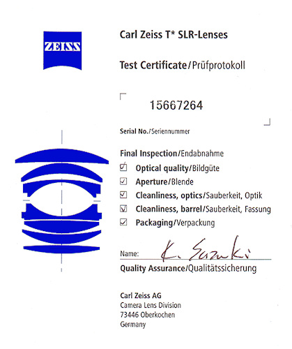 Carl Zeiss Planar T* 50 mm f/1.4 ZF/ZK/ZE - Budowa i jako wykonania