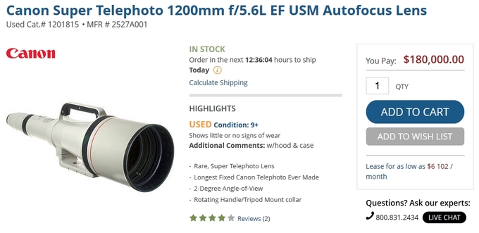 Canon EF 1200 mm f/5.6 L USM do kupienia za 180 tys. dolarw