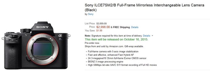 Sony A7S II dostpny w przedsprzeday. Na razie w USA