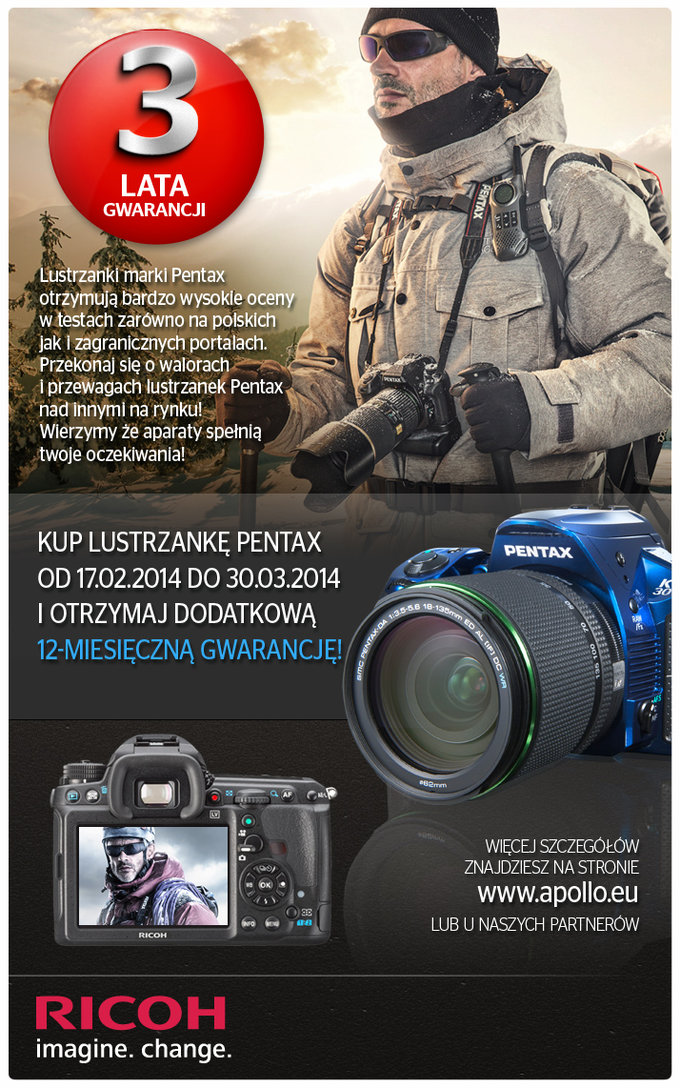 3 lata gwarancji na lustrzanki Pentax